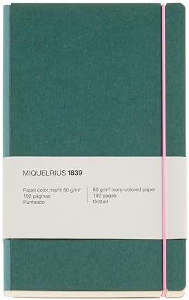 Miquelrius Notizbuch A5 (130 x 210 mm), klassisches Notizbuch mit 96 gepunkteten Blättern, 80 g/m², elfenbeinfarbenes Papier, Einband aus strukturiertem Karton und Stoffrücken, elastischer Verschluss