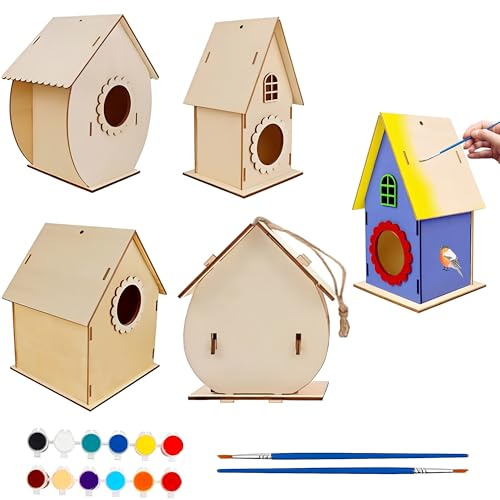 JIAMIAN 4PCS DIY Vogelhaus Kit, Kinder zusammengesetztes Vogelnest, DIY Vogelhaus Kit für Malerei Vogelhäuser, Holz Vogelhaus Kit, Vogelhaus Graffiti Malerei Set, Geeignet für verschiedene Aktivitäten