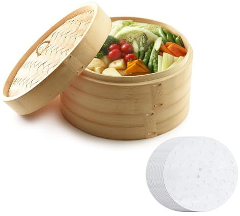 MineSign 12 Inch Bamboo Steamer 2 Tier and 100 Count Perforated Parchment Paper Bamboo Steamer Liners Set for Dim Sum, Fish and Meat