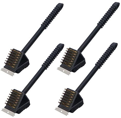 FONDOTIN 4pezzi Spazzola Per Pulizia Bbq Con Manico Ergonomico e Antiscivolo Completo Per Grigliare e Pulire Graticole Pennello Multifunzionale Con Funzione Di Raschiatura e Lavaggio Per