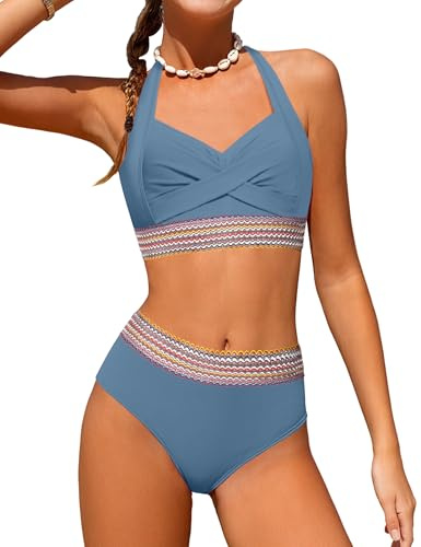 Zweiteiliges Bikini-Set für Mädchen, überkreuzt, Neckholder, gewebter Kontrastbesatz, Badeanzüge für 9–16 Jahre, Blau, 13-14 Jahre