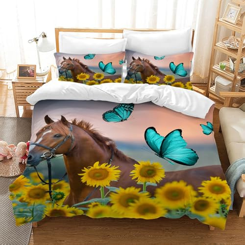 Juego de Ropa de Cama de Caballo con Impresión 3D,Juego de Ropa de Cama de Animales para Niños 3 Piezas,Juego de Funda de Edredón de Microfibra con Cremallera,para Chicos (Caballo 02, 200 x 200 cm)