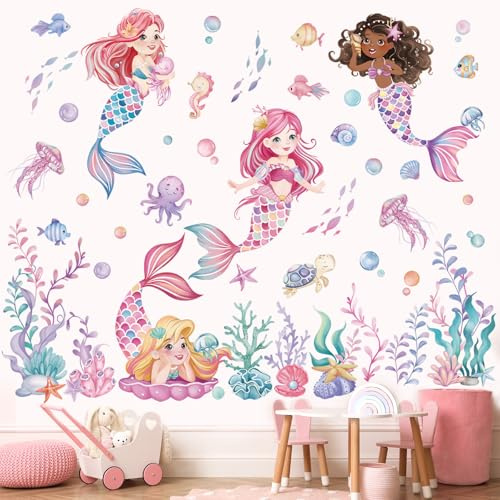 wondever Wandtattoo Meerjungfrau Mädchen Wandsticker Unter dem Meer Seetang | Abziehen und Aufkleben, Abziehbar, Wandaufkleber Selbstklebend für Kinderzimmer Mädchen Babyzimmer Mädchenzimmer Wanddeko