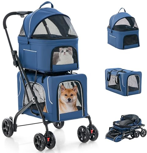 GYMAX 3-in-1 Hundewagen, Doppelt Haustierbuggy mit 2 abnehmbaren Tragetaschen, verstellbarem Sonnenschutz & Aufbewahrungstasche, klappbarer Haustierwagen mit 4 Rollen für 2 Hunde (Blau)