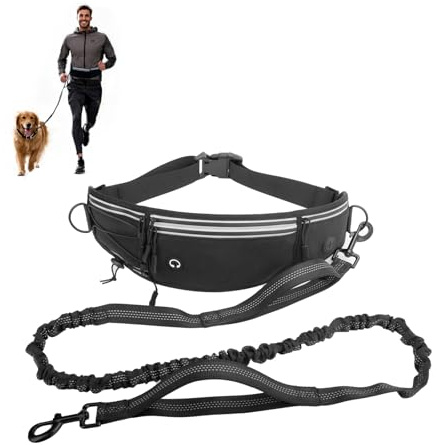 Hands Free Dog Leash with Pouch, Waist Leash for Dog Walking Bungee Leashs Reflective Dual Padded Handles, Running leashe for Dogs Large & Medium Dogs