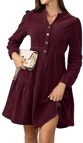Alaster Queen Damen Herbstkleid Herbst Winter Kleid Langarm Volant Blusenkleid Damen Strickkleid Mit Taschen V-Ausschnitt Knielang Kleid Festlich Elegant Autumn Dress,Rot,M
