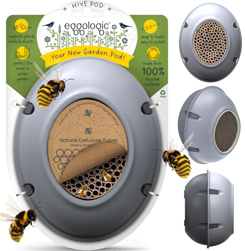 Eggologic Hive Pod Bee Hotel, moderna casetta per insetti da giardino, solitaria con tubi di nidificazione naturale, scatola per api da parete per impollinatori, elegante casa per api per esterni