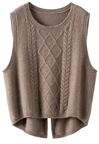 Genérico Suéter de Lana Chaleco Casual Solto Corto Hendido Tejido Suéter Chaleco Vestidos de Tejido Navideño, café, M