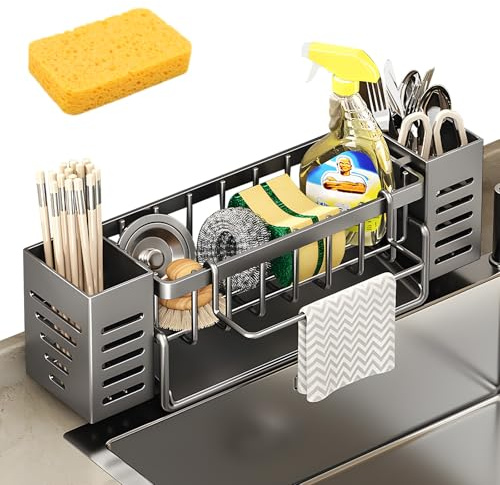 VAIGU:OA Spülbecken Organizer - Spüle organizer mit Spültuchhalter und Aufbewahrungsbox, Sink&Spüle Organizer Schmal mit Automatisch Abflusspfanne, Kostenloser Schwammlappen Küchen-Upgrade (Grau