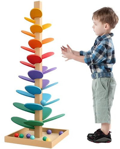 Murmelbahn Holz Klangbaum, Murmelbahn Regenbogen, Murmelturm Musikbaum Lernspielzeug, Holz Kugelbahn Klangbaum Große Kugeln ab 1 Jahr, Montessoris Spielzeug