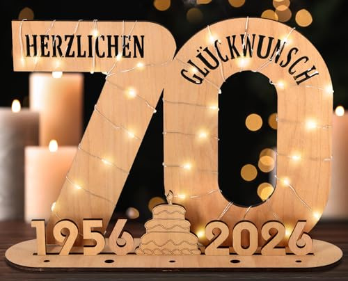 Giftota - 2026 Originelle 70 Geburtstag Geschenk Frauen & Männer - Geldgeschenke Geburtstag 70 mit LED Lichterkette Ständer - Holz-Schild Gästebuch - 70 Geburtstag Deko - Personalisierbares Geschenk