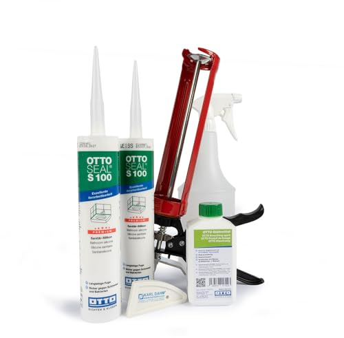 Karl Dahm® OTTOSEAL S100 Premium Sanitär-Silikon Set – 2 Kartuschen (Farbe wählbar) + Fugenpresse, Glättmittel, Fugenglätter & Sprühflasche – schimmelresistent, UV-beständig (Manhattan, C43)