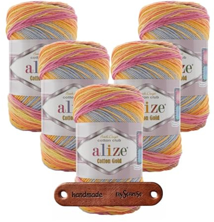 ALIZE 5 x 100g Cotton Gold Batik 8096 Premium Wolle batikgarn weiches Farbverlaufsgarn für sommerliche Projekte, Accessoires, Wohnaccessoires und Amigurumi mit mySearose Label