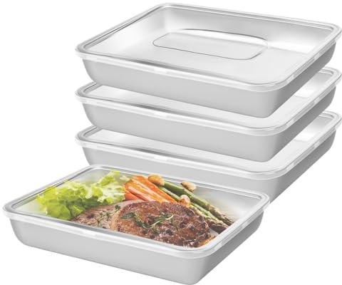 elthmpr Stainless Steel Food Containers with Lids - 4 Pieces Stainless Steel 316 Storage Containers 25*20*5CM, Rectangle Box Leak Proof Plastic Lid for Fridge Storage Kitchen Meal Prep Dishwasher Safe