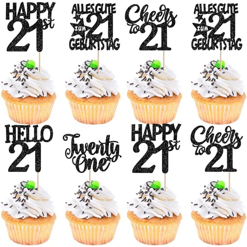 30 Stück 21st Geburtstag Tortendeko Glitzer Happy 21st Twenty One Cupcake Toppers Alles Gute zum Geburtstag 21 Kuchen Deko für Prost auf 21 Jahre Party Kuchen Dekorationen Schwarz