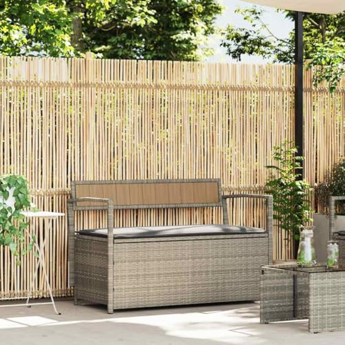 Zeehear Gartenbank mit Stauraum und Kissen, Hellgrau Poly Rattan, 111,5 cm breit, wasserdicht, UV-beständig, wetterfest für Garten, Terrasse