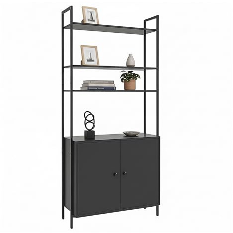 Relaxdays Bücherregal, HxBxT: 159,5 x 60 x 24 cm, 6 Fächer, Regal mit Unterschrank, MDF & Metall, Standregal, schwarz