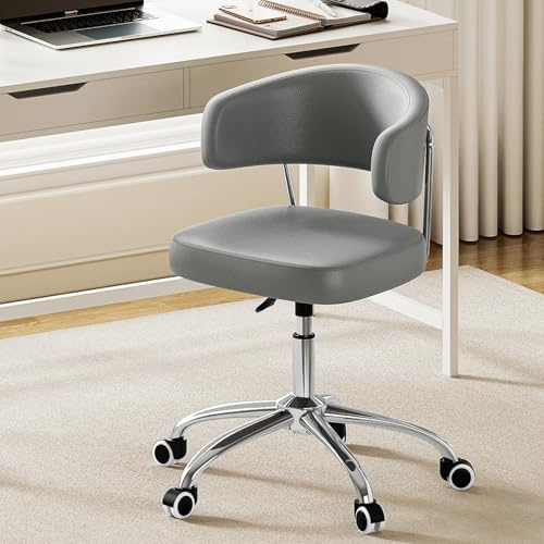 Luxstein Höhenverstellbar Schreibtischstuhl, Schminktisch Stuhl Ergonomisch | Bürostuhl Drehbar mit Rückenlehne, bis 150kg belastbar, für Arbeitszimmer, Schlafzimmer, Wohnzimmer, PU, Grau
