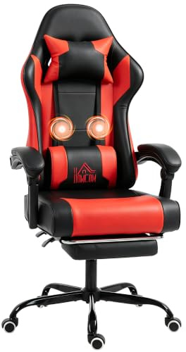 HOMCOM Silla Gaming Ergonómica Lumbar Masaje Vibración Rojo | Silla Gamer, Reclinable 155°, Altura Ajustable, Reposacabezas, Reposapiés Retráctil, Oficina, Estudio