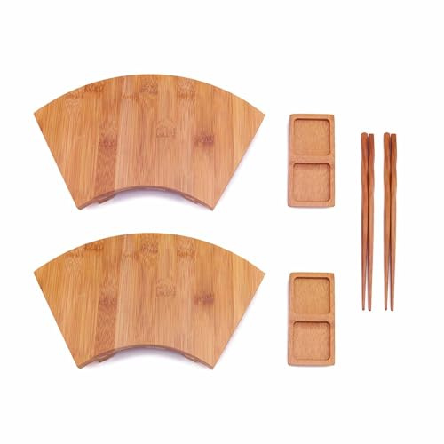 BambooMN Bamboo Sushi Plate/Tray, Chopsticks and Compartment Sauce Dish, 11.6 Fan - 2 Sets