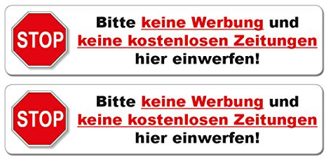 2 Aufkleber - Bitte keine Werbung und keine kostenlosen Zeitungen, 140 x 30 mm - Vinyl in weiss