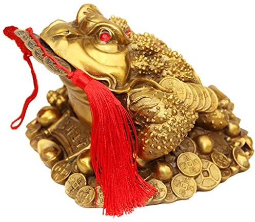 Brass Feng Shui Money Frog Three Legged Wealth Traditional Frog Money Toad Statue with Set of 5 Lucky Charm Ancient Coins on Red String Home Car Fengshui Decor (B1 Money Frog)