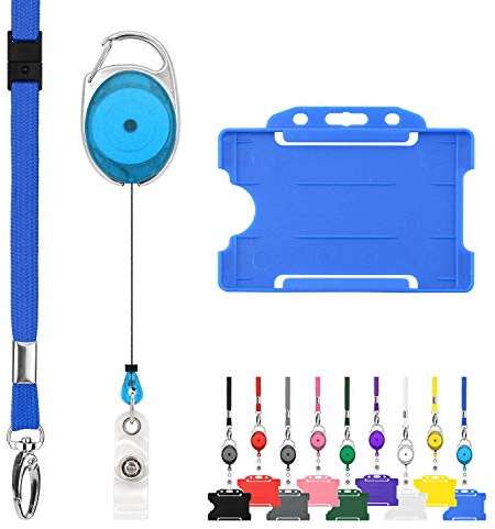 Retractable Lanyard and Badge Holder Trio Triple Pack by LanyardsTomorrow - Set Includes A Single Plain Lanyard, Extendable Carabiner Yoyo Reel Clip and Rigid ID Card Holder (Blue)