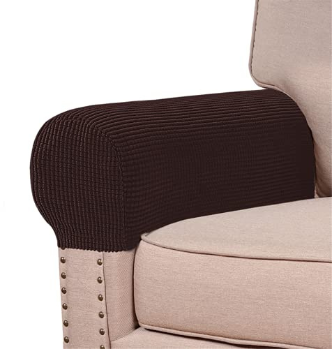 GAMUKAI Stretch Armrest Covers (Set of 2) – Anti-Slip Spandex Jacquard Furniture Protectors for Chairs, Sofas & Recliners – Washable & Durable Slipcovers (Brown)
