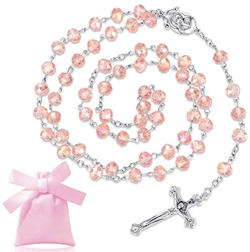 Hicarer Pink Rosary Beads Necklace Catholic Metal Crucifix Charm Necklace Long Holy Prayer Beads Necklace with Medal Cross Crucifix Charm and Velvet Drawstring Bag for Women Men