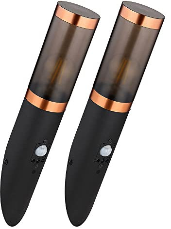 Globo Außenwandlampe mit Bewegungsmelder Edelstahl Wandleuchte Fackel Aussen, Kupfer schwarz rauch, dimmbar Fernbedienung, 1x 8,5W 806Lm, BxH 7,6x41 cm, 2er Set