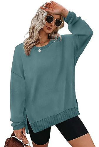 Aokosor Damtröjor långärmade toppar dam rund hals lösa tröjor sidodelad, grön (Pine green), XXL