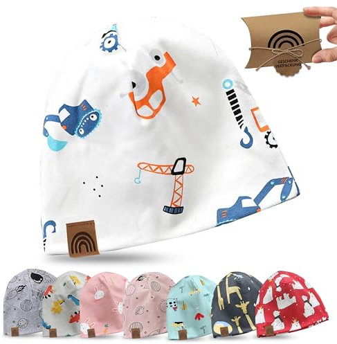 fenchi's AUSTRIA Kinder Beanie Mütze mit süßen Motiven und Geschenkverpackung, Regenbogen Leder Label, Baumwolle (DE/NL/SE/PL, Alter, Einheitsgröße, Weiß_Baustelle)