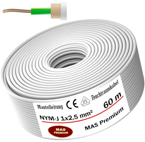 MAS Premium Cable de alimentación para ambientes húmedos, cable de alimentación de marca alemana, anillo de cable eléctrico para instalación sobre, sobre, dentro y debajo de yeso, en espacios secos,