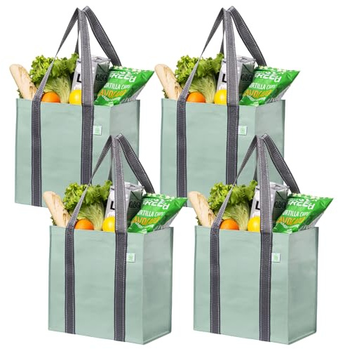 VENO Pack de 4 Bolsas Reutilizables para la Compra con Asas y Fondo Duro de Tamaño Compacto, Plegables, Duraderas, Resistentes - Perfectas para el Carro de la Compra (Verde Claro,Pack de 4)