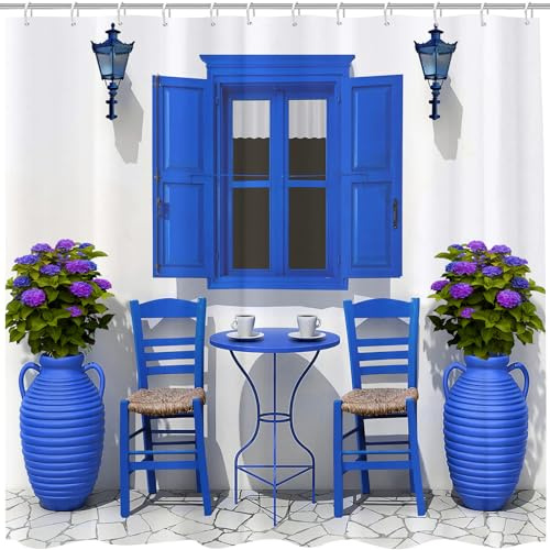 GOOESING Tenda da doccia estiva da viaggio, con immagine di casa, fiori, immagine greca, paesaggio, tenda da doccia con ganci, blu navy e bianco, decorazione per il bagno, lavabile, tessuto