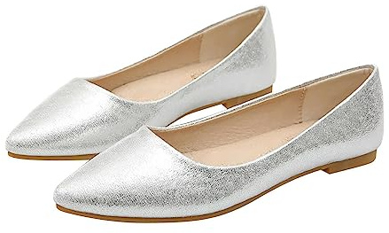 Ballerine da donna, eleganti ballerine piatte in pizzo, comode per feste, matrimoni, ballerine anteriori chiuse, rotonde, scarpe da ballo, scarpe da ufficio, scarpe da donna, argento, 43 EU