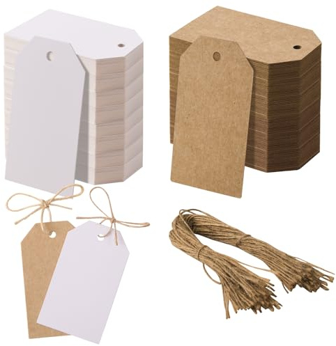 100pcs Strung Tags Brown and White Reinforced Card Clothing Parcel Label Twine Hanging Gift Swing Tickets Kraft Hang Price Labelling