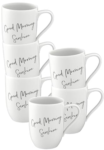 Villeroy & Boch - Statement, Becher mit Henkel 6er Set, Good Morning Sunshine, 280 ml, Kaffeebecher mit Sprüchen, Premium Porzellan, Weiß-Schwarz