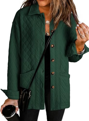 Dokotoo Womens Spring Coats Oversized Long Sleeve Quilted Jackets Fashion Casual Button Down Shirts Ladies Jacket Western Outfits Shacket Green Jackets for Women XL