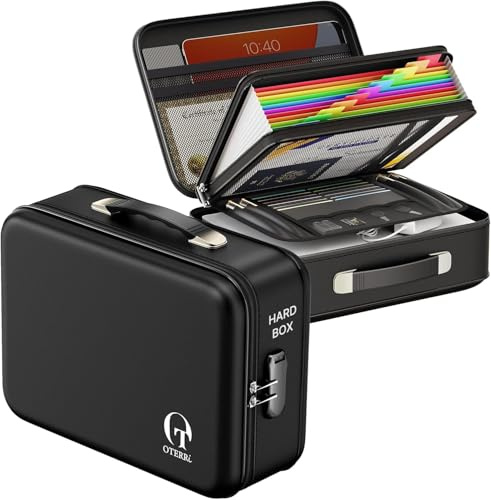 Oterri Fireproof Document Box with Lock, Black | 8-Layer File Organizer, Water Resistant, Holds Passports & Certificates, Withstands High Heat for Home/Office