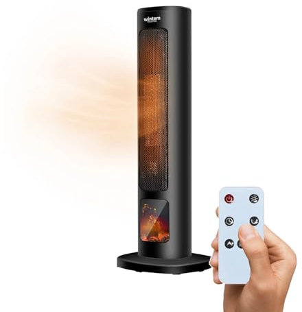 Wintem Stufa Termoventilatore Elettrico a Torre 800/2000W con Display Effetto Camino e Telecomando 60cm - Ideale per un Riscaldamento in Sicurezza Grazie alla Funzione di Spegnimento Automatico