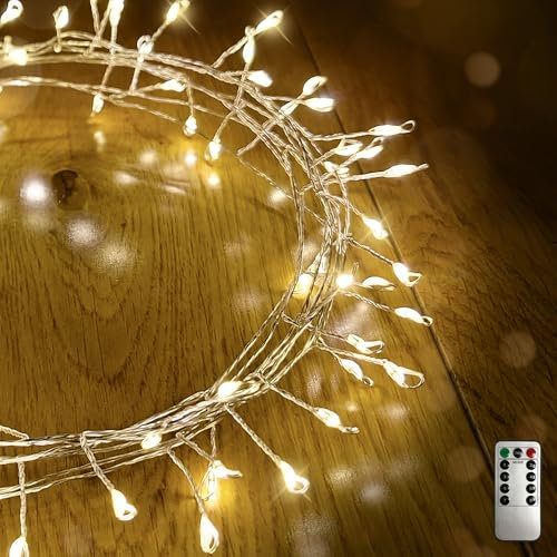 ANSIO® Christmas Lights 100 LED 4.5m Warm White Silver Wire Cluster Fairy Lights, Indoor Use Christmas Tree Lights for Christmas Decorations Garden & Party with Remote – USB Powered