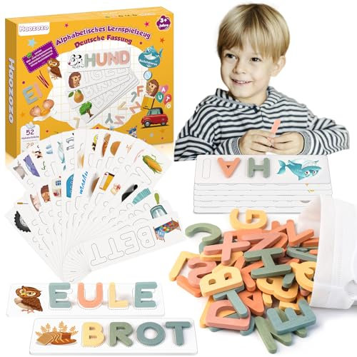 Haozozo Buchstaben Lernen Lernspiele ab 3-8 Jahre, Holz Montessori Spielzeug ab 3-8 Jahre Junge Mädchen Kinderspielzeug ab 3-8 Jahre Steckpuzzle Einschulung Geschenk（B）