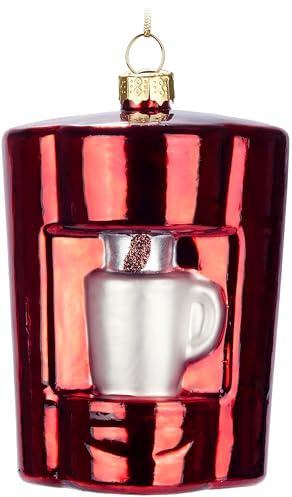 BRUBAKER Kaffeemaschine Rot - Handbemalte Weihnachtskugel aus Glas - 10,5 cm Baumkugel für Kaffeeliebhaber und Kaffeetrinker - Mundgeblasener Christbaumschmuck - Figur Lustig Deko Anhänger