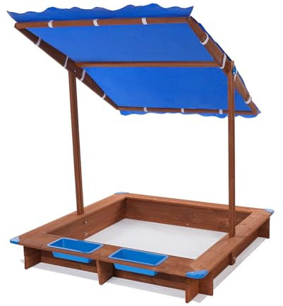 Sabbiera con copertura, 121 x 126 cm, in legno, per bambini con tetto girevole e regolabile (blu)