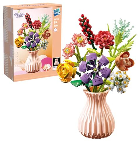 DHINCHANSAIB Bouquet de Fleurs, 724 pièces, kit de 8 Fleurs artificielles avec Vase, Collection botanique, Plantes décoratives, pour la décoration de la Maison (vases Beiges)