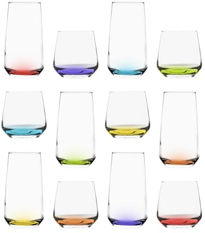 LAV Lal Glassware Set - Coloured Base - 12pc Dishwasher Safe Glass Kitchen Water Gin Juice Cocktail Drinking Highball Tumblers Glasses Set