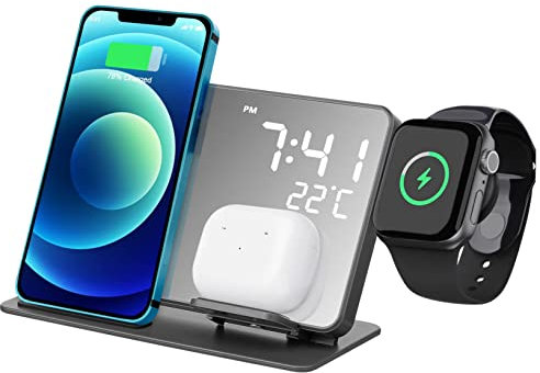 MERRYHAPY Kabellose Ladestation Mit Integrierter Uhr Und Temperaturanzeige Multifunktionale Schnellladestation Für Watch Und Earbuds Praktische Docking-lösung Für Büro Und Zuhause