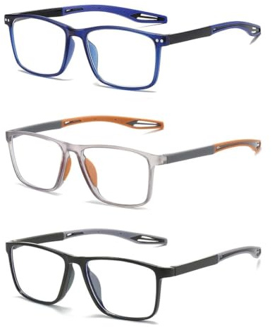 Hubeye TR90 Sport Lesebrille Quadratische Flexible Komfortabel Brillen 2.00 | Robuste, Hochwertige, Leichte Bequeme Lesehilfe, Komfortabel zu Tragen, Herren Damen, Blaulichtfilter, Schwarz+Blau+Orange