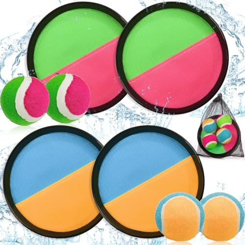 SaiXuan Toss-und Set di Giocattoli per Palle, 4 Racchette Ø18,5cm e 4 Palline Dure – Giardino per Bambini 3-10 Anni, Giochi Estivi da Esterno con Rete Portatile, Regalo per Famiglie, Feste